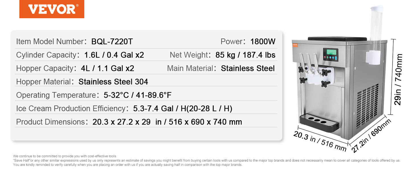 VEVOR commercial ice cream machine, stainless steel, 1800w, dimensions: 20.3 x 27.2 x 29 inches.