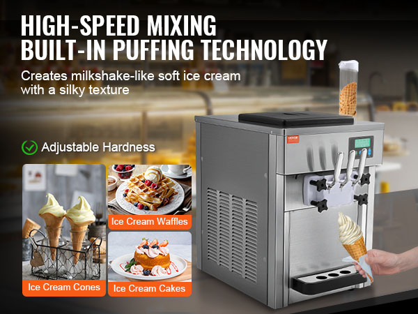 VEVOR commercial ice cream machine producing soft ice cream with adjustable hardness and high-speed mixing technology.