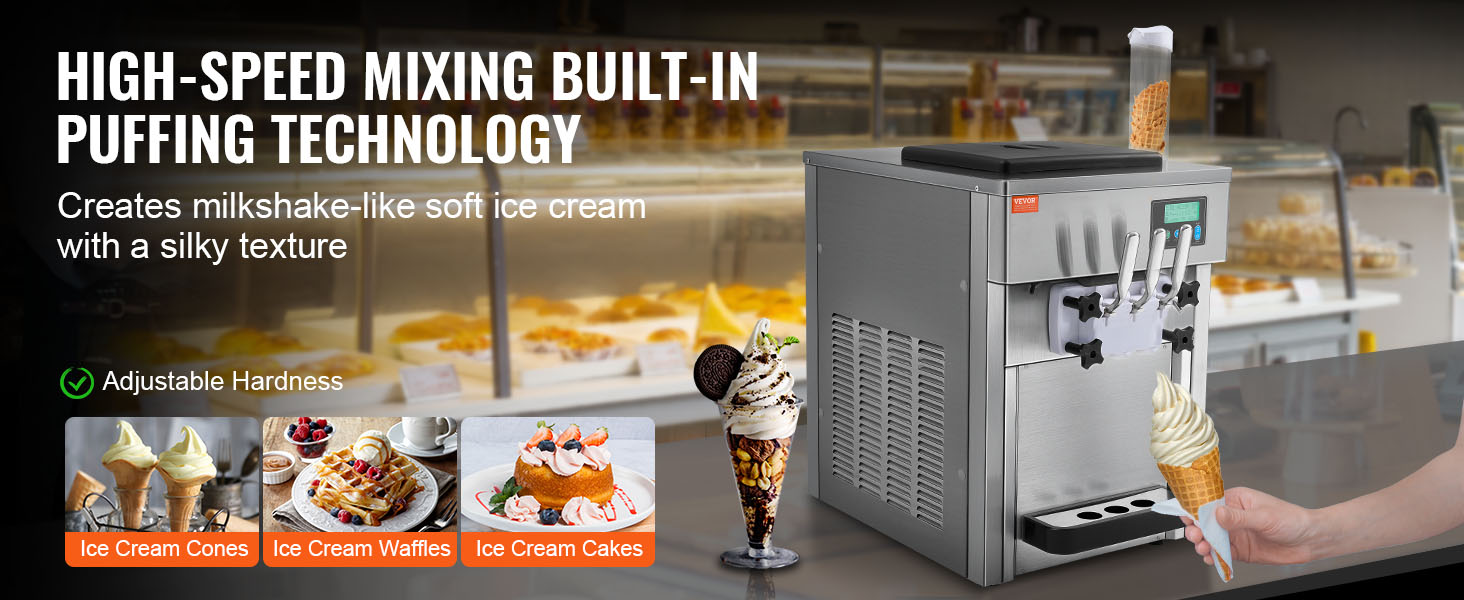 VEVOR commercial ice cream machine producing soft ice cream with adjustable hardness and high-speed mixing technology.
