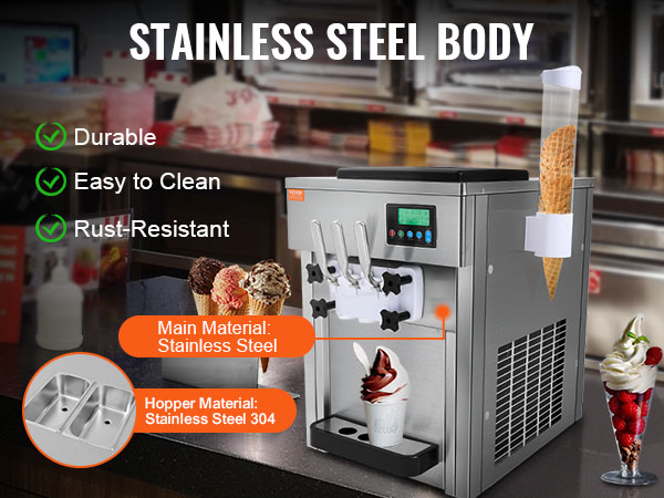 VEVOR commercial ice cream machine in stainless steel body, easy to clean, and rust-resistant.