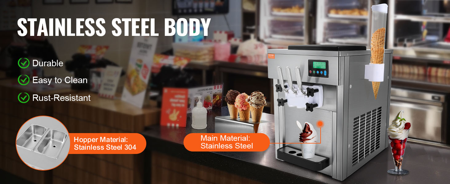 VEVOR commercial ice cream machine in stainless steel body, easy to clean, and rust-resistant.