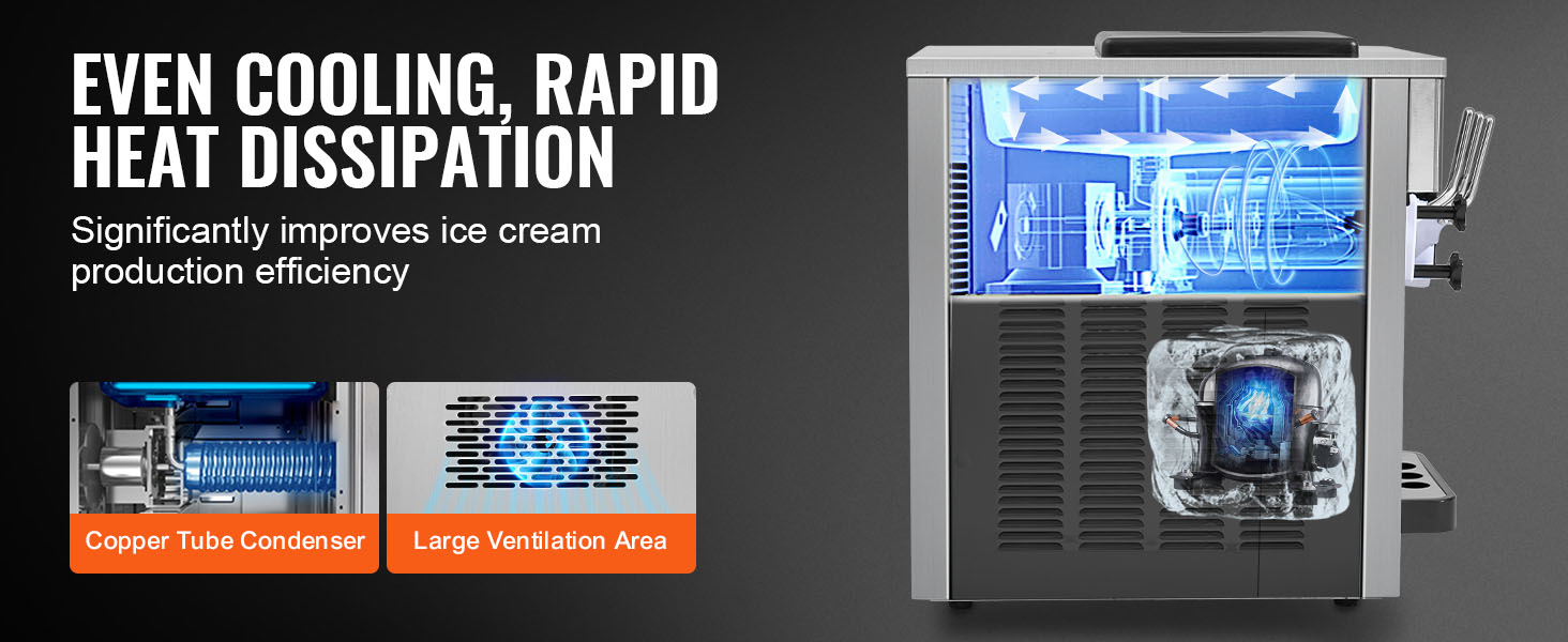 VEVOR commercial ice cream machine showcasing efficient cooling and heat dissipation technology.