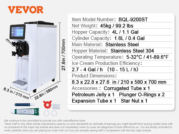 VEVOR commercial ice cream machine bql-9200st, 1.6l capacity, stainless steel, 45kg, ≤ 60 db noise.
