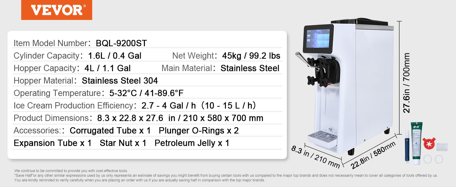 VEVOR commercial ice cream machine bql-9200st, 1.6l capacity, stainless steel, 45kg, ≤ 60 db noise.