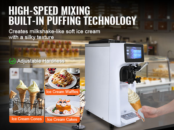 VEVOR commercial ice cream machine with high-speed mixing and adjustable hardness for soft serve.