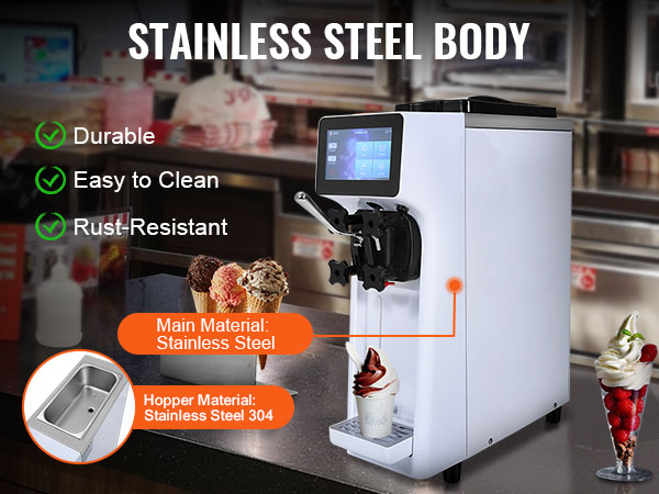 VEVOR commercial ice cream machine with stainless steel body in a cafe setting, serving ice cream.
