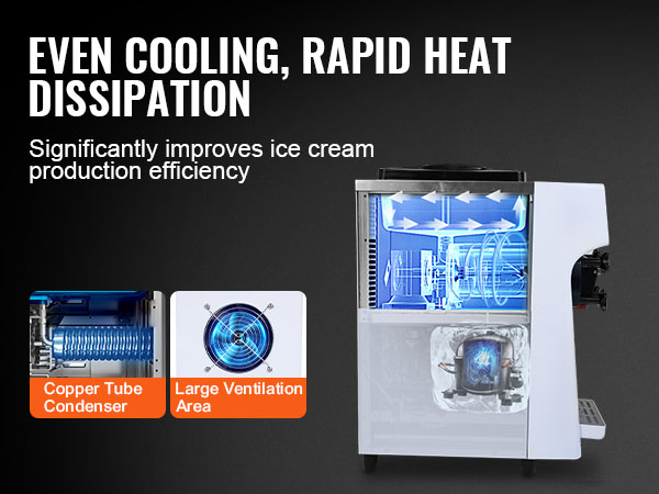 even cooling and rapid heat dissipation in VEVOR commercial ice cream machine, low noise, efficient.