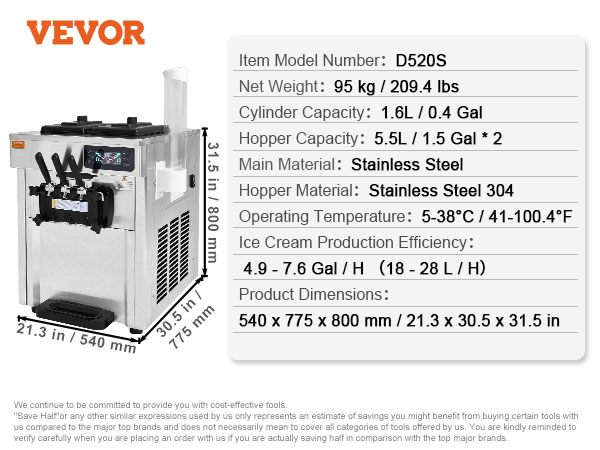 VEVOR commercial ice cream machine, model d520s with stainless steel body, dimensions, and capacity details.
