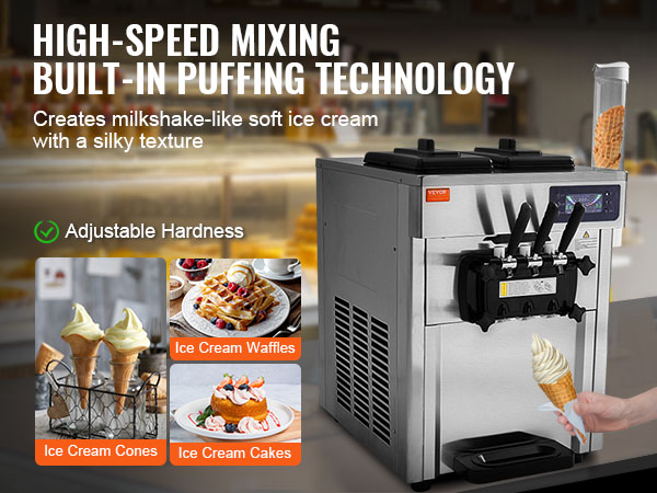 VEVOR commercial ice cream machine with high-speed mixing and adjustable hardness in a bakery setting.