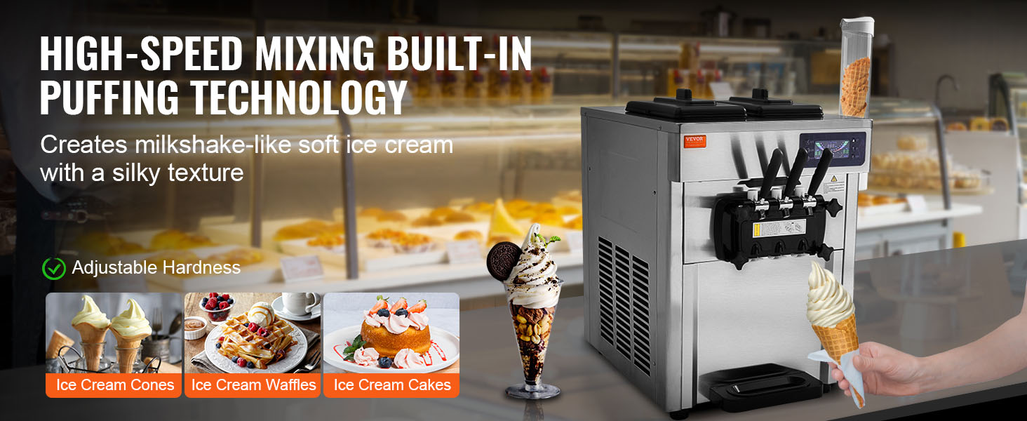 VEVOR commercial ice cream machine with high-speed mixing and adjustable hardness in a bakery setting.