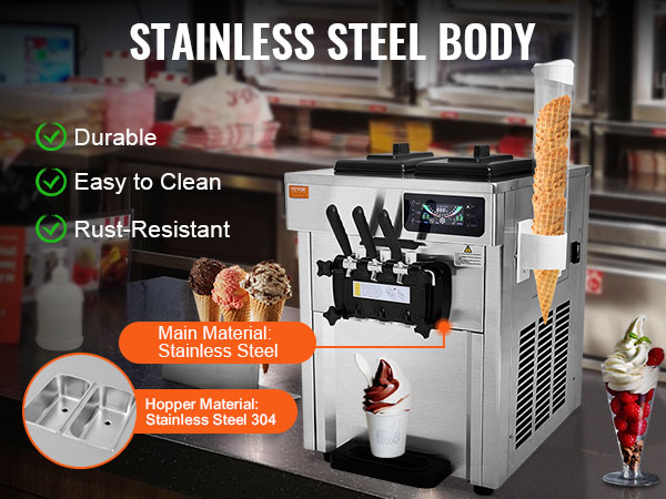 VEVOR commercial ice cream machine with stainless steel body, durable, easy to clean, rust-resistant.