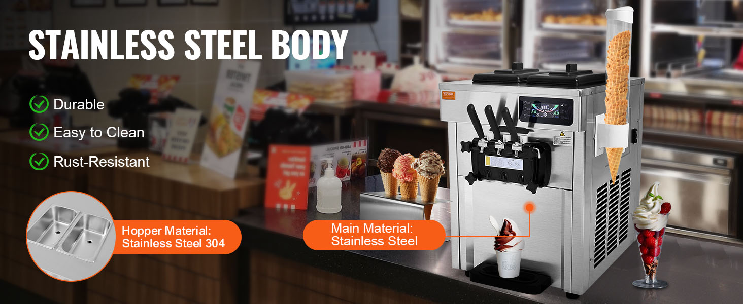VEVOR commercial ice cream machine with stainless steel body, durable, easy to clean, rust-resistant.