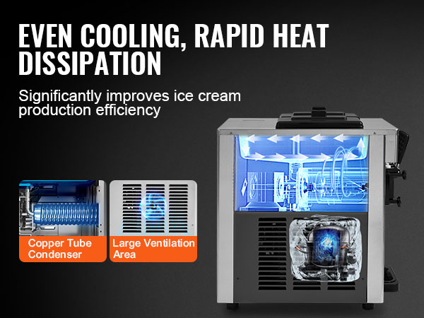 VEVOR commercial ice cream machine with even cooling, rapid heat dissipation, low noise, and efficient condenser.