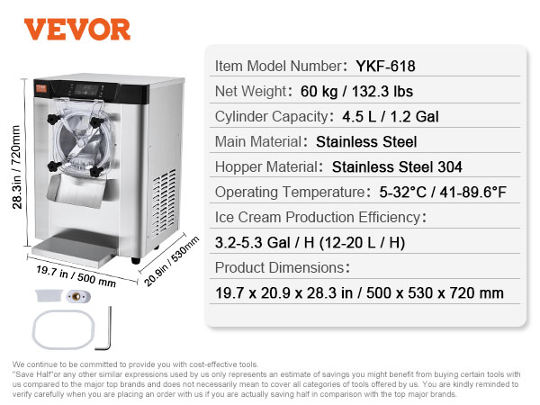 VEVOR commercial ice cream machine ykf-618, 4.5l capacity, stainless steel, 60db noise level, dimensions shown.