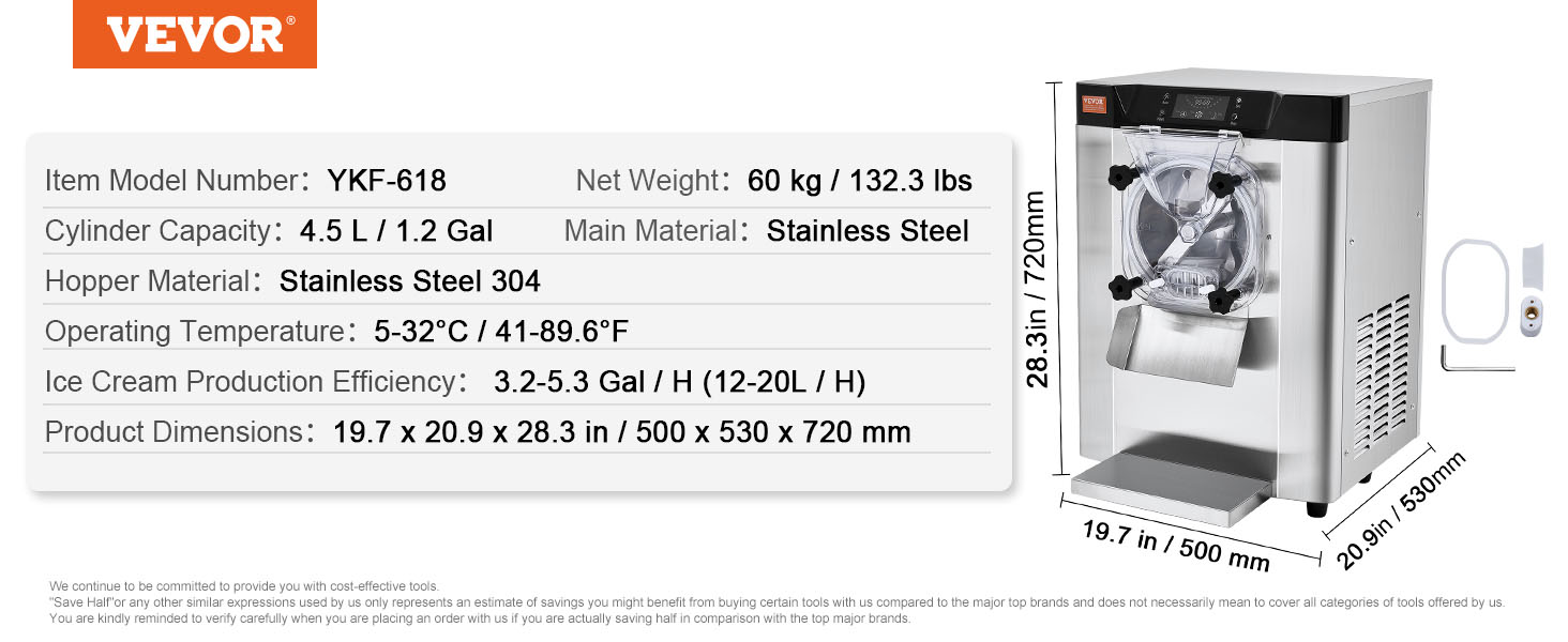 VEVOR commercial ice cream machine ykf-618, 4.5l capacity, stainless steel, 60db noise level, dimensions shown.