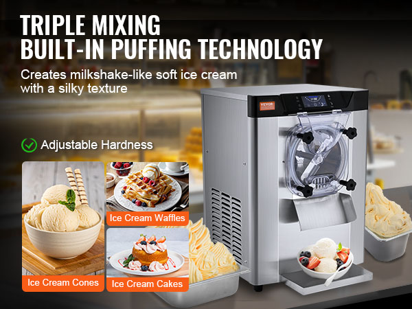 VEVOR commercial ice cream machine with triple mixing puffing technology, creates silky soft serve.