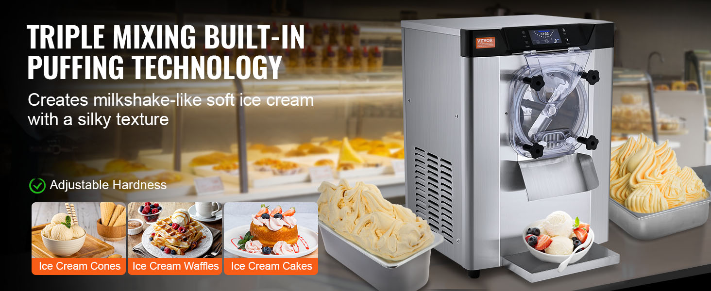 VEVOR commercial ice cream machine with triple mixing puffing technology, creates silky soft serve.