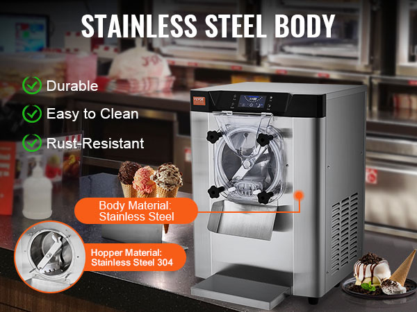 VEVOR commercial ice cream machine in stainless steel body, easy to clean, durable, and rust-resistant.