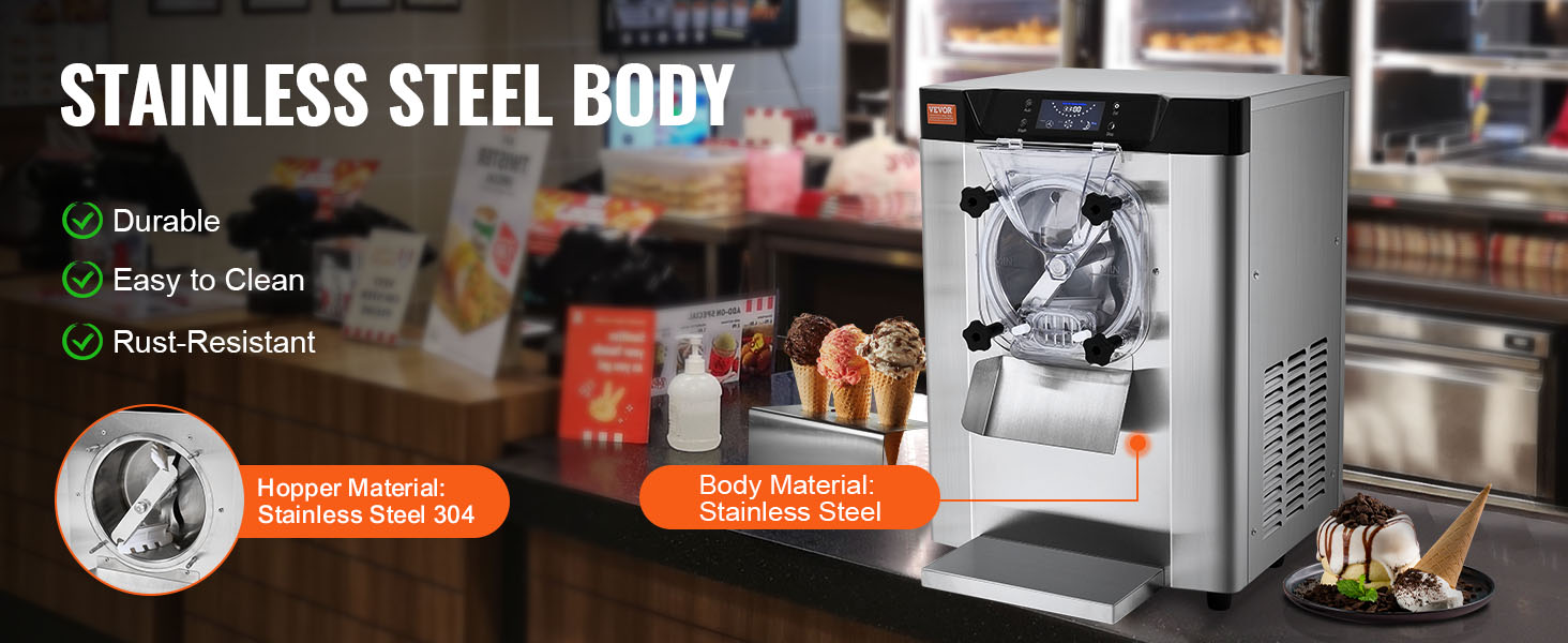 VEVOR commercial ice cream machine in stainless steel body, easy to clean, durable, and rust-resistant.