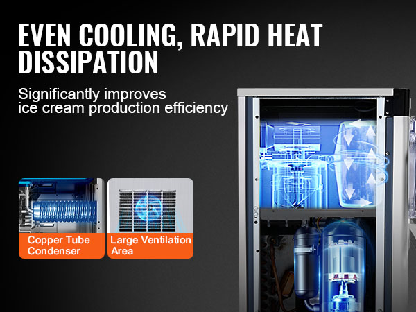 VEVOR commercial ice cream machine showcasing efficient cooling and heat dissipation with quiet operation.