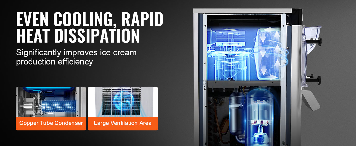 VEVOR commercial ice cream machine showcasing efficient cooling and heat dissipation with quiet operation.