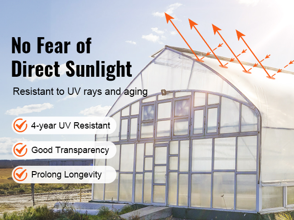 VEVOR greenhouse plastic sheeting protects from uv rays with good transparency and durability.