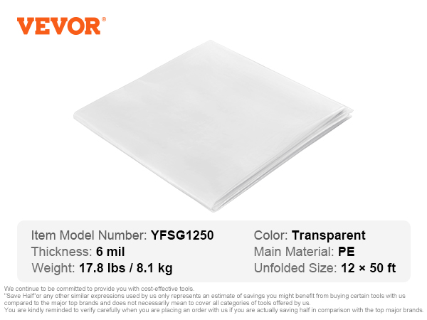 VEVOR greenhouse plastic sheeting, transparent pe material, 6 mil thickness, 12×50 ft size.