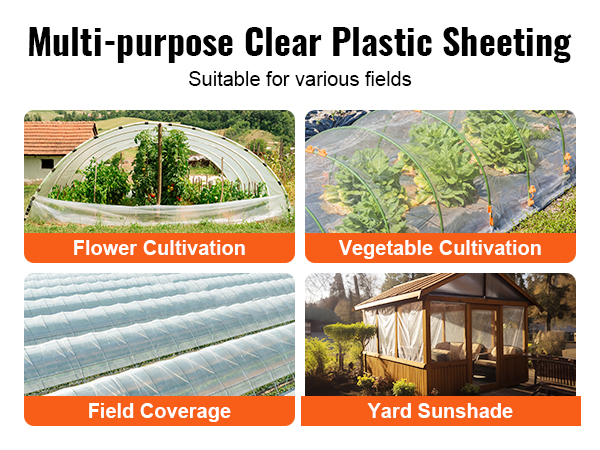 multi-purpose VEVOR greenhouse plastic sheeting for flowers, vegetables, fields, and yard shade.