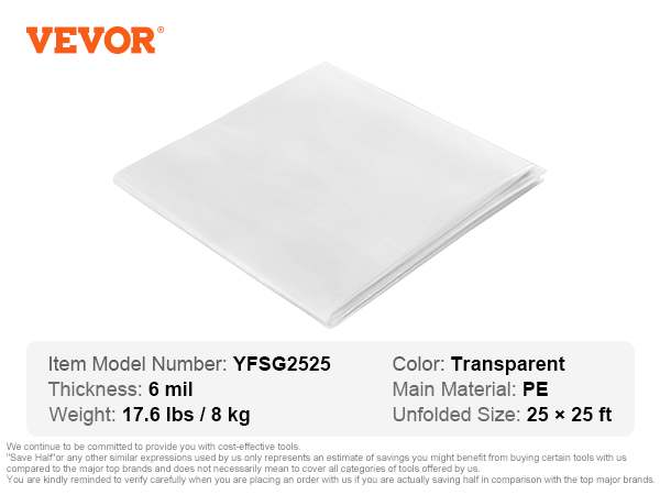 VEVOR greenhouse plastic sheeting 6 mil, transparent, pe, 25×25 ft, 17.6 lbs, model yfsg2525.