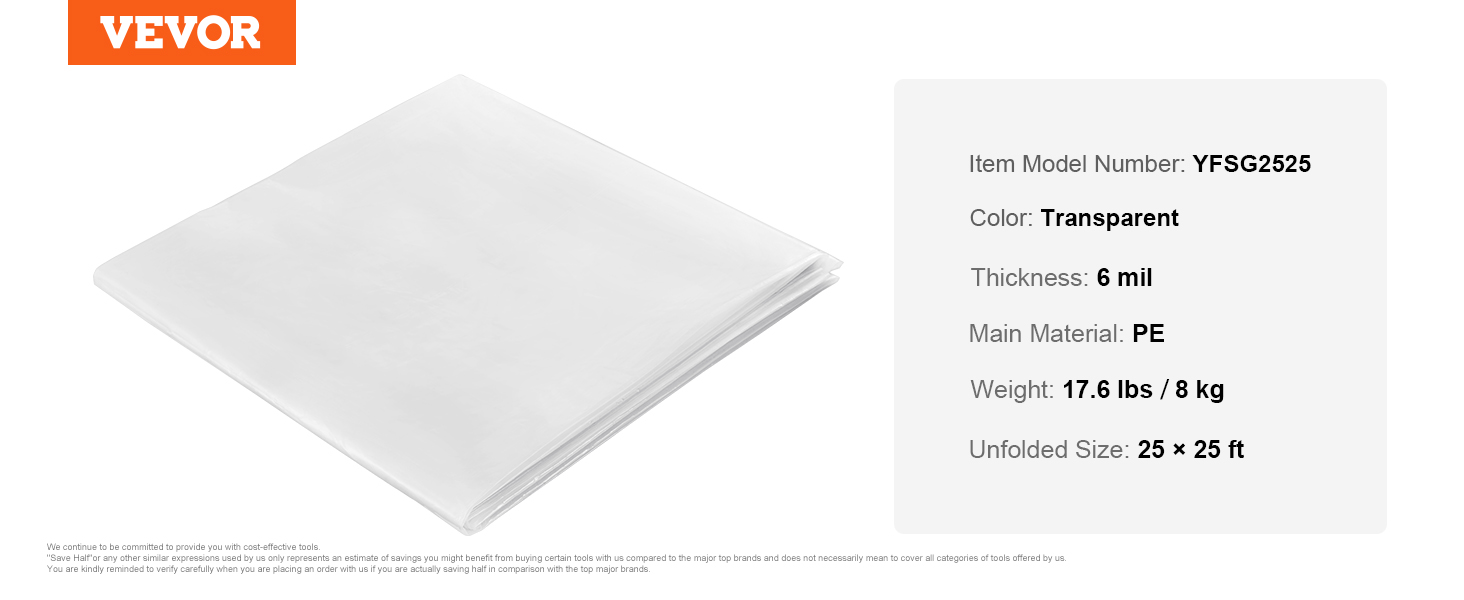 VEVOR greenhouse plastic sheeting 6 mil, transparent, pe, 25×25 ft, 17.6 lbs, model yfsg2525.