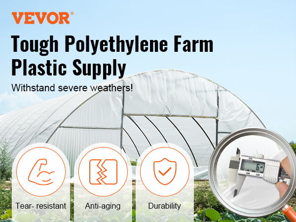VEVOR greenhouse plastic sheeting: tear-resistant, anti-aging, durable farm plastic for harsh weather.