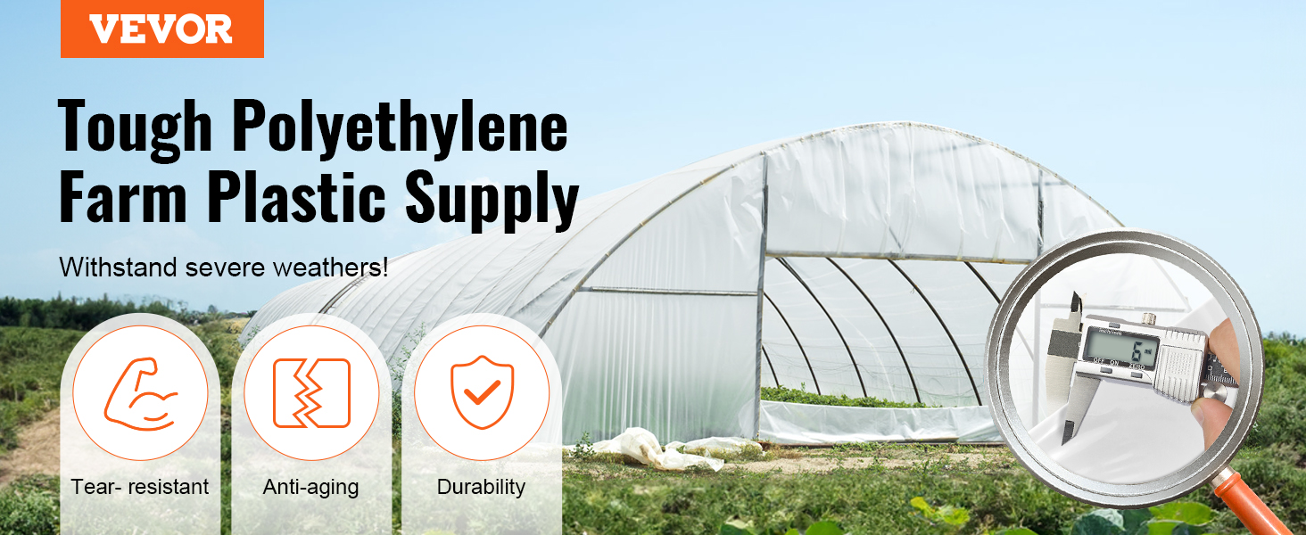 VEVOR greenhouse plastic sheeting: tear-resistant, anti-aging, durable farm plastic for harsh weather.