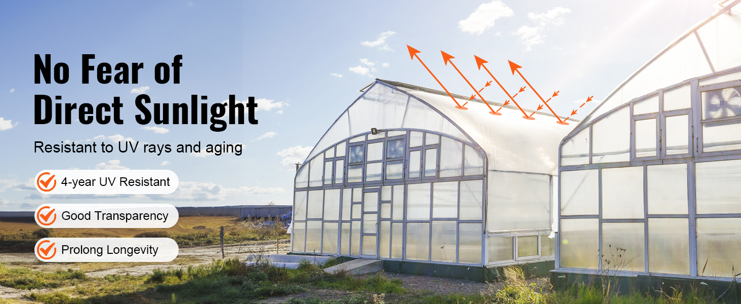 uv-resistant greenhouse with VEVOR greenhouse plastic sheeting under direct sunlight, showing transparency.