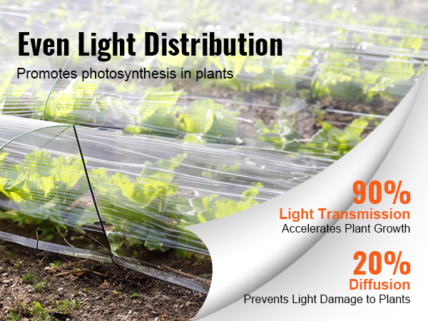 VEVOR greenhouse plastic sheeting over plants, promoting even light distribution and plant growth.