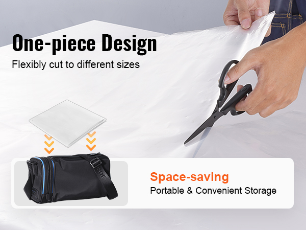 cutting VEVOR greenhouse plastic sheeting, showcasing a one-piece design and space-saving storage.
