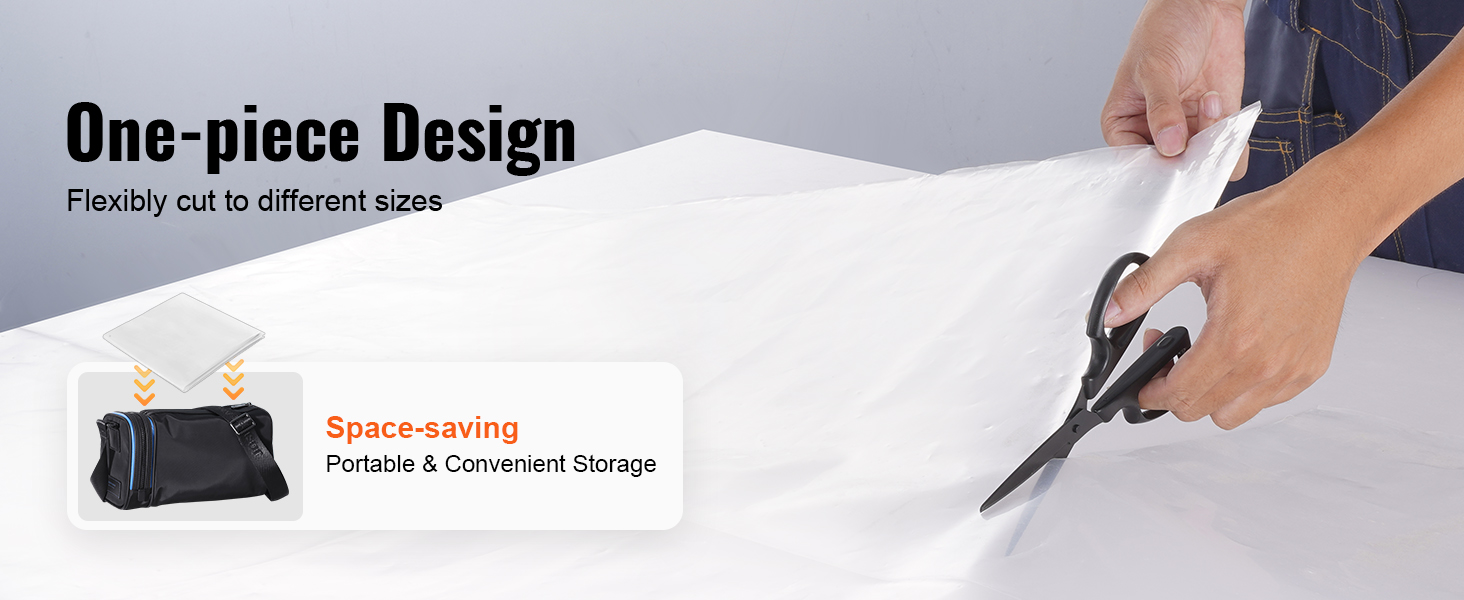 cutting VEVOR greenhouse plastic sheeting, showcasing a one-piece design and space-saving storage.
