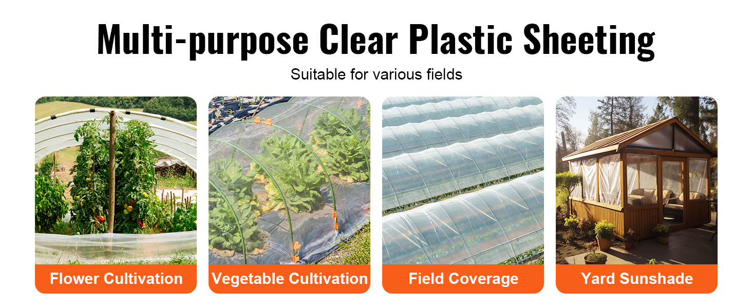 multi-purpose VEVOR greenhouse plastic sheeting for flower, vegetable cultivation, field coverage, yard sunshade.