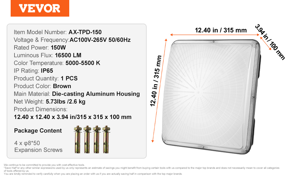 VEVOR LED gaismas baldahīns ax-tpd-150, 150w, 16500lm, 5000-5500k, ip65, alumīnija korpuss, 12.4x12.4x3.9 collu.