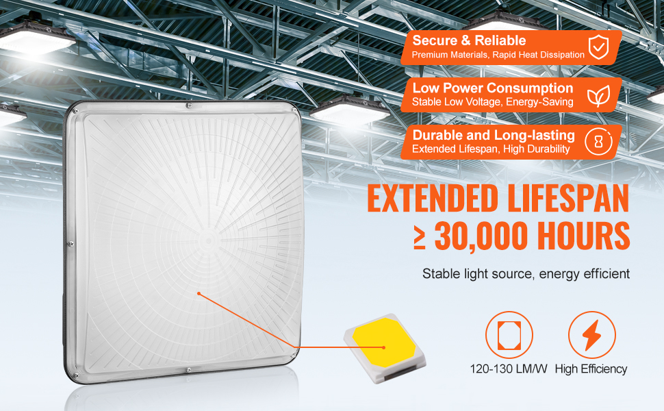 VEVOR LED jumta gaisma ar 30 000 stundu kalpošanas laiku, energoefektīvs un izturīgs rūpnieciskai lietošanai.