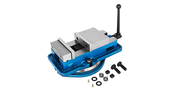 blue VEVOR milling vise with fastening accessories on white background.