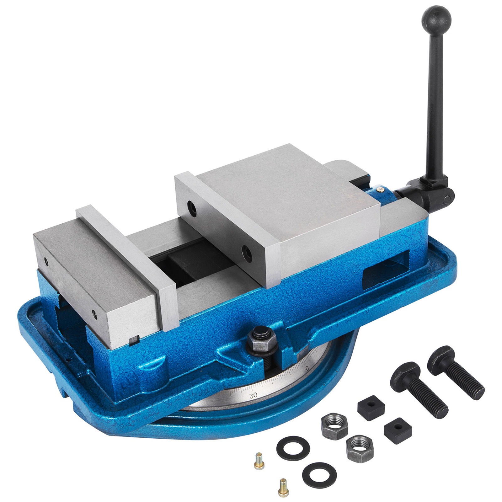 blue and silver VEVOR milling vise with handle, and included bolts and washers.