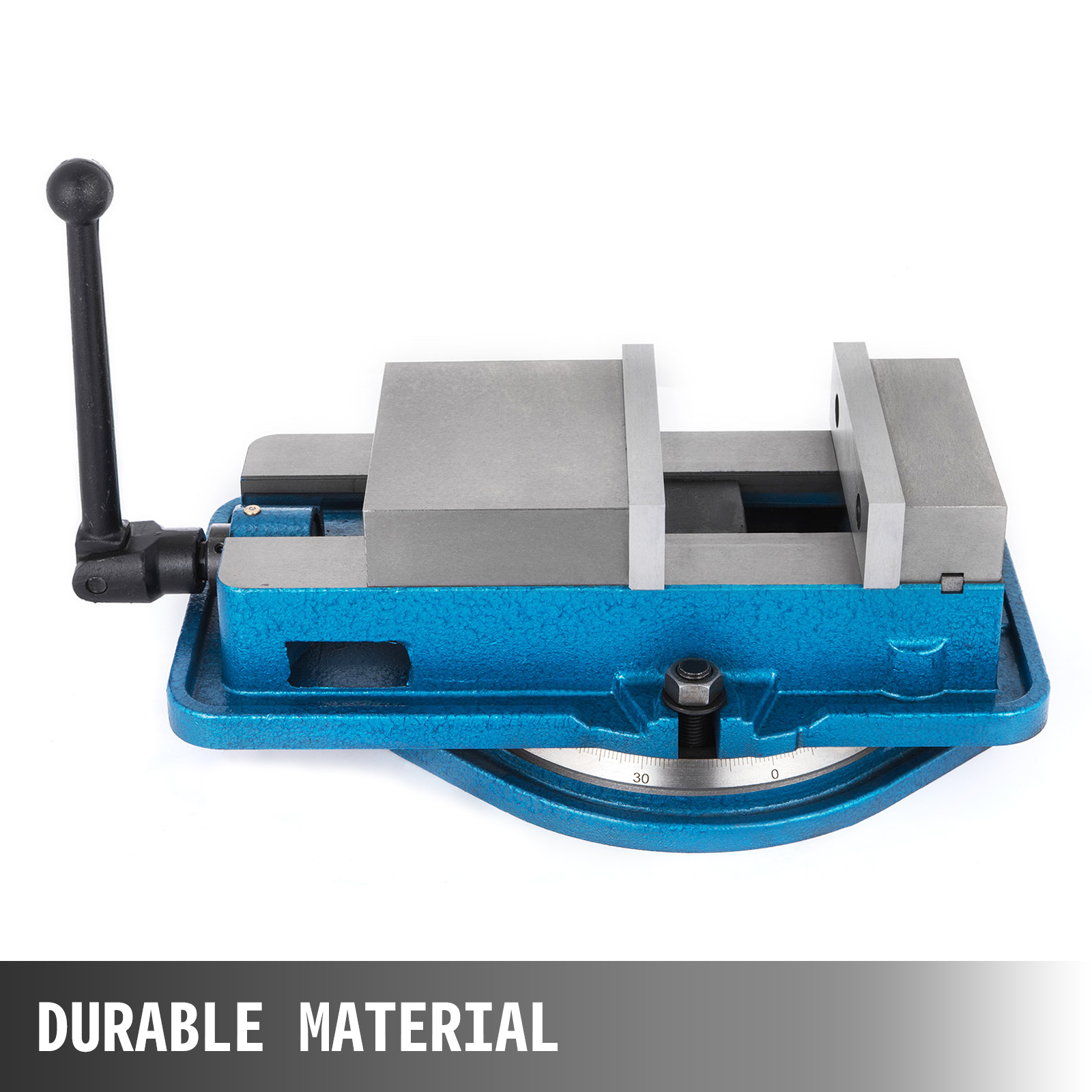 VEVOR milling vise with blue base and durable material caption.