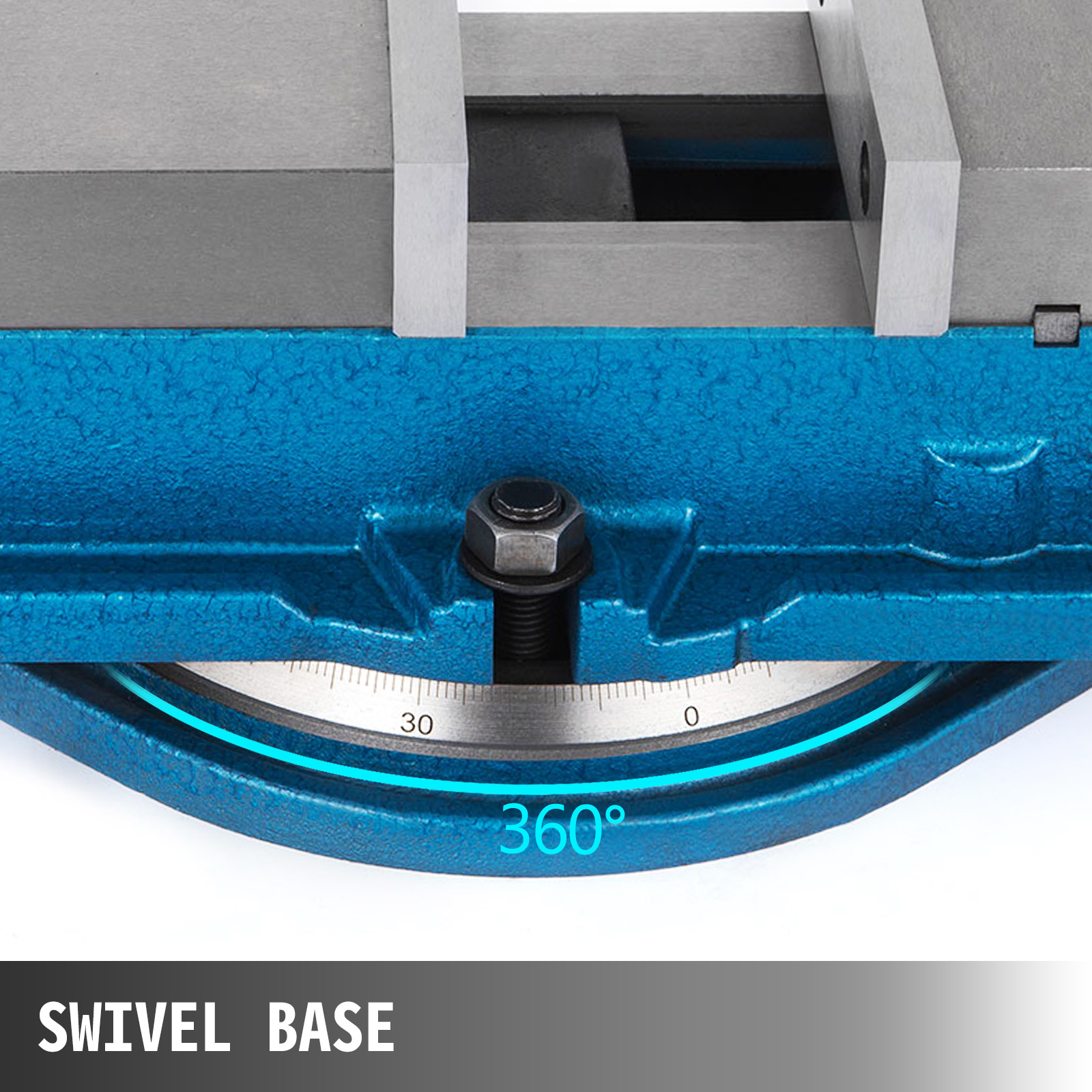VEVOR milling vise with 360-degree swivel base, close-up view.