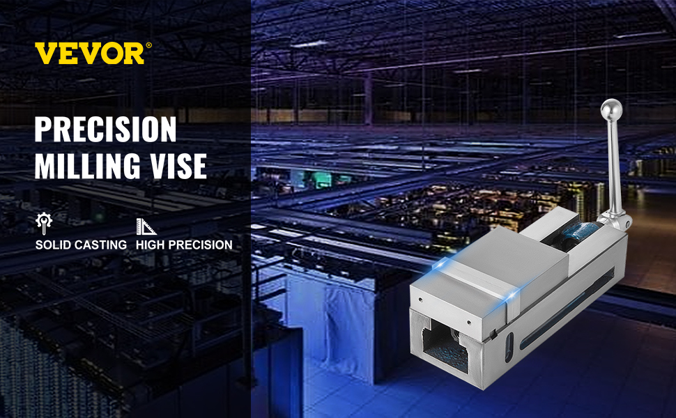 VEVOR milling vise, solid casting, high precision in a modern industrial setting.