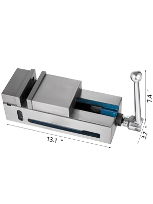 VEVOR milling vise with handle, dimensions labeled 13.1", 3.7", 7.4".
