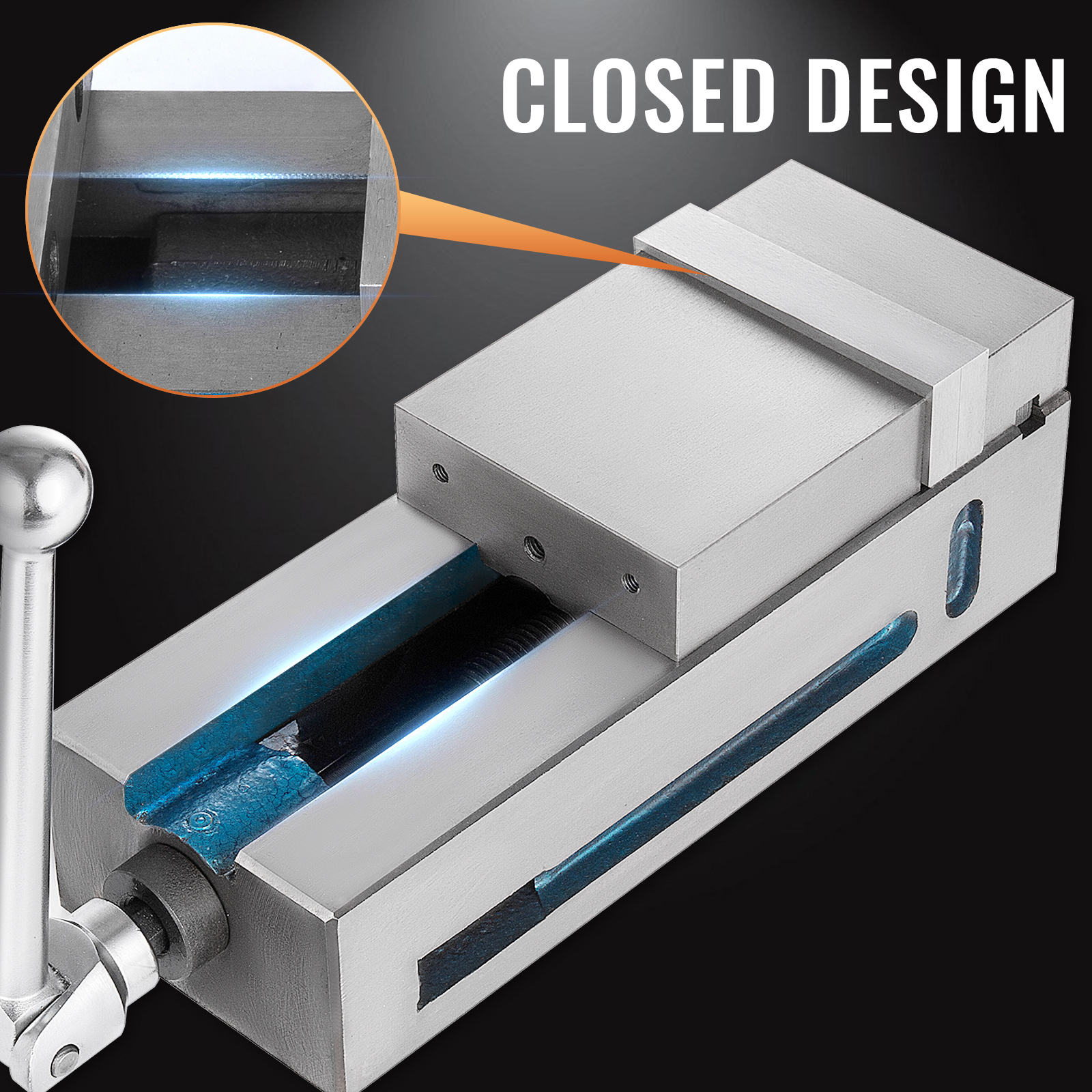 VEVOR milling vise with closed design, grey finish, highlighting internal structure.