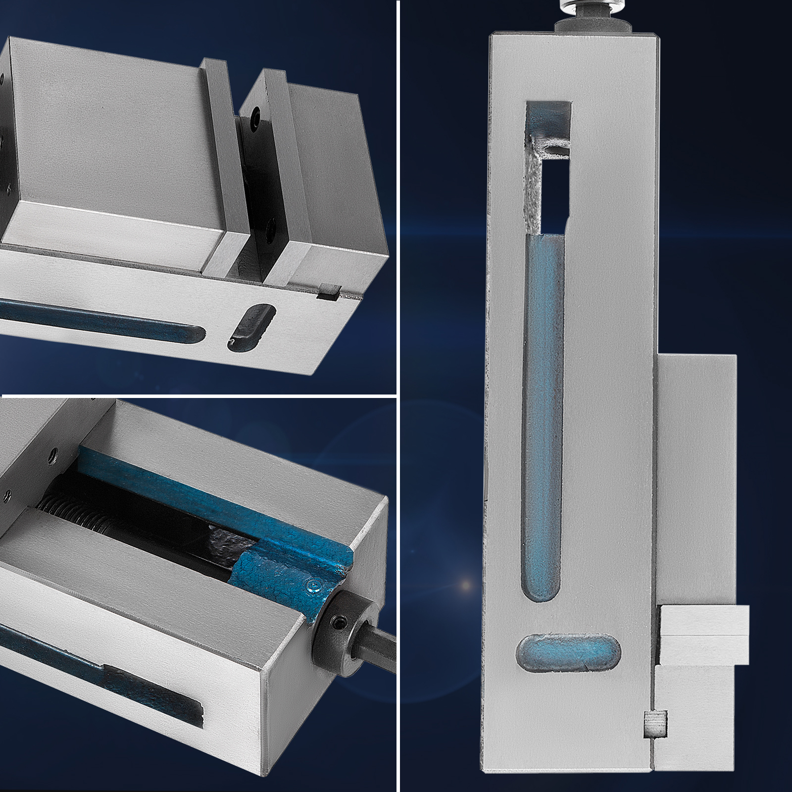 VEVOR milling vise close-up highlighting details and features in blue and silver.
