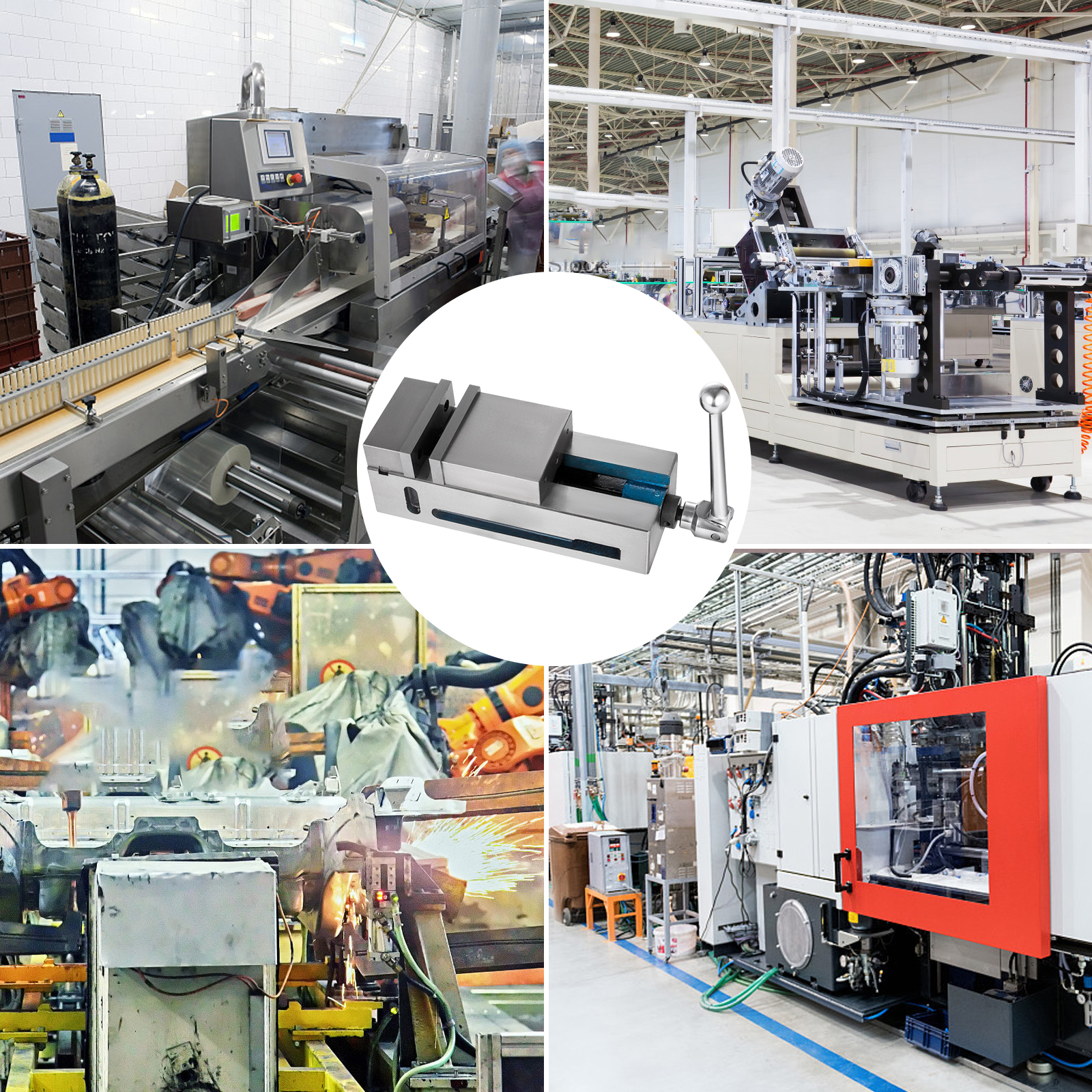 VEVOR milling vise in various industrial machinery settings.