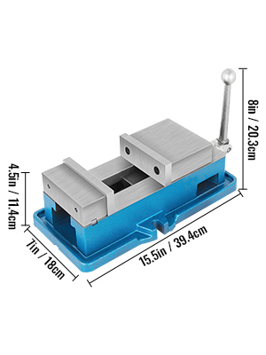 VEVOR cnc vise with dimensions: 15.5in x 7in x 4.5in, 8in handle in blue.