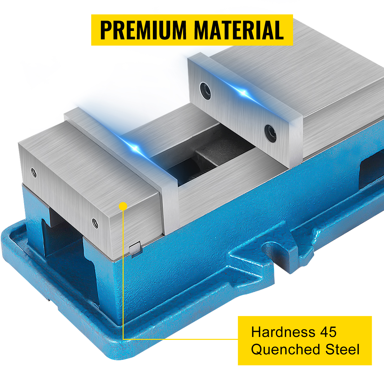 VEVOR cnc vise with hardness 45 quenched steel and premium material label.
